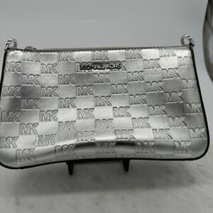 Michael Kors Silver Metallic Embossed Monogram Leather‎ Jet Set Pochette Bag